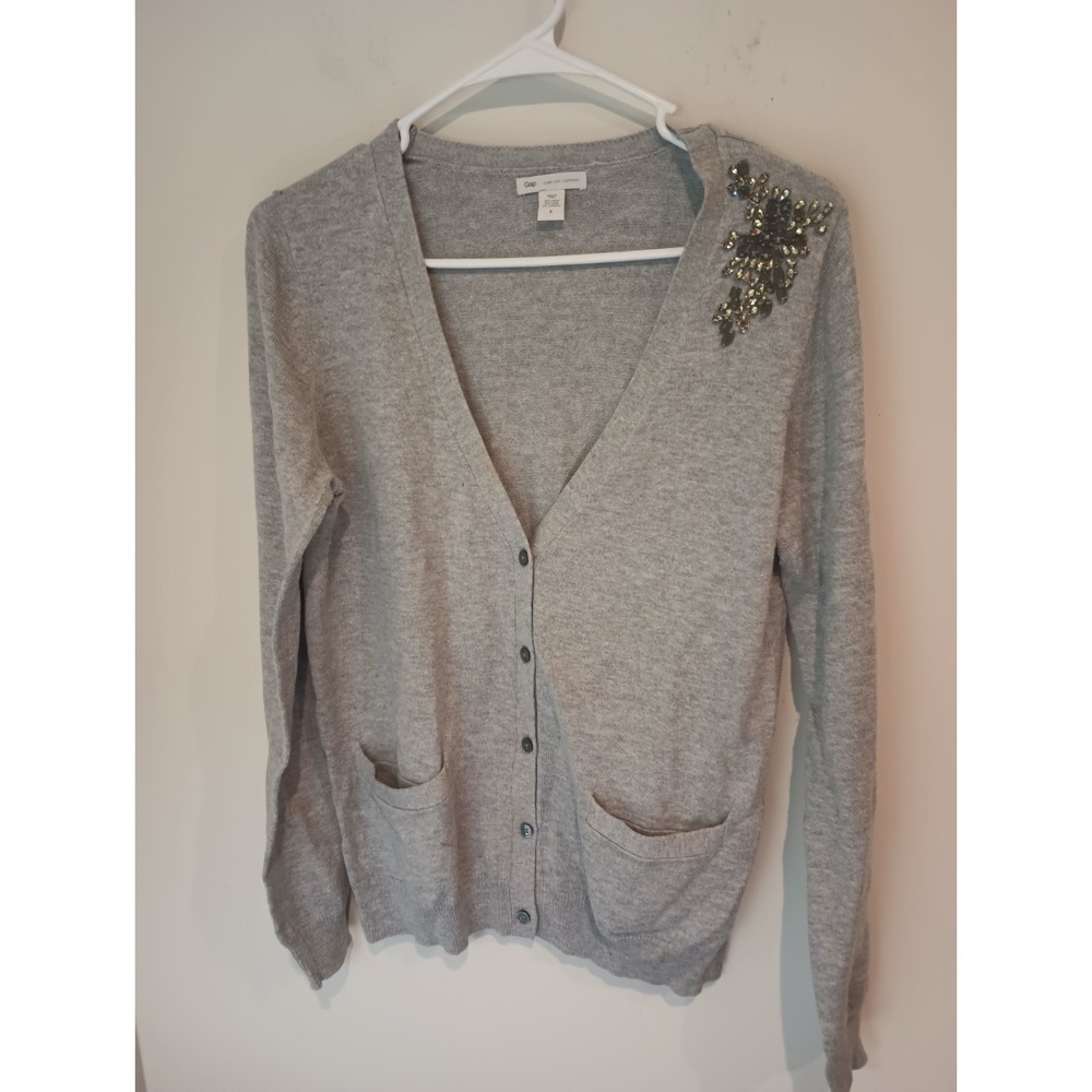 GAP Cashmere Blend Gray Cardigan Sweater Small Beaded Embellished Shoulder V...